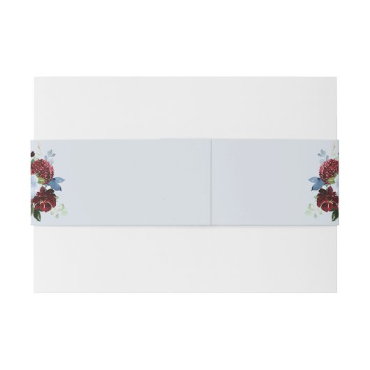 Dusty Blue Bourgondië Bloemenbruiloft Belly Band Uitnodigingen Wikkel (Achterkant Voorbeeld)