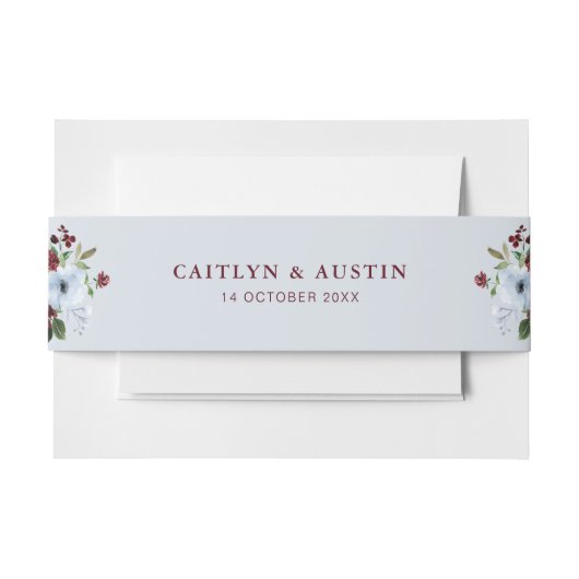 Dusty Blue Bourgondië Bloemenbruiloft Belly Band Uitnodigingen Wikkel (Voorkant Voorbeeld)