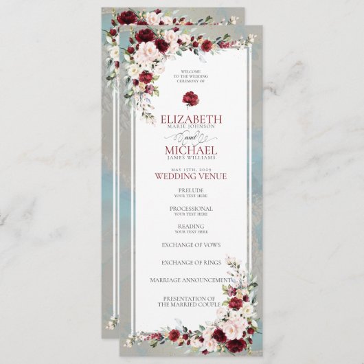 Dusty Blue Bourgondië Blush Bloemen Bruiloft Progr Programmakaart (Voorkant / Achterkant)