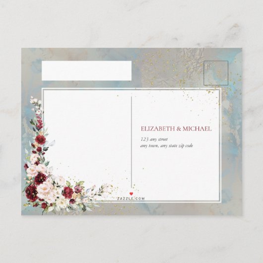 Dusty Blue Bourgondië Blush Bloemen Geen Menu RSVP (Achterkant)