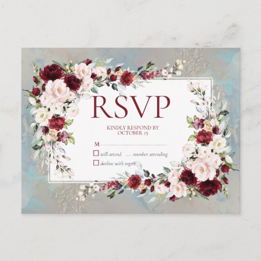Dusty Blue Bourgondië Blush Bloemen Geen Menu RSVP (Voorkant)