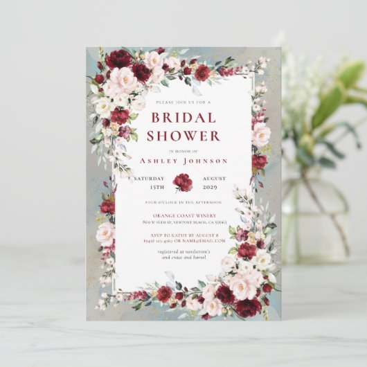 Dusty Blue Bourgondië Blush Bloemen Vrijgezellenfe Kaart (Staand voorkant)