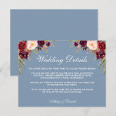 Dusty Blue Bourgondië Floral bruiloft Details Kaar Briefkaart (Voorkant / Achterkant)