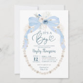 Dusty Blue Bow and Pearl Baby shower Invitation Kaart (Voorkant)
