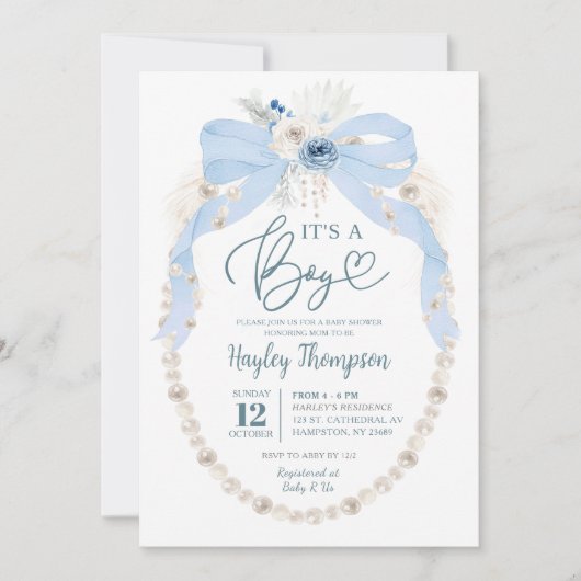 Dusty Blue Bow and Pearl Baby shower Invitation Kaart (Voorkant)