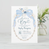 Dusty Blue Bow and Pearl Baby shower Invitation Kaart (Staand voorkant)