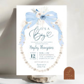 Dusty Blue Bow and Pearl Baby shower Invitation Kaart
