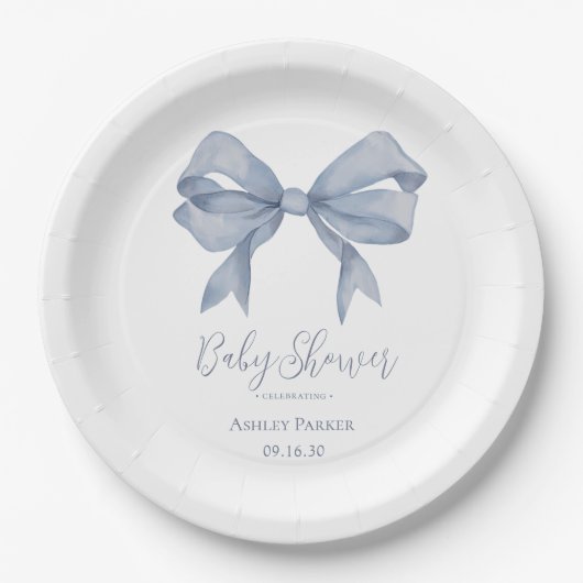 Dusty Blue Bow Boy Baby shower Papieren Bordje (Voorkant)