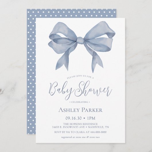 Dusty Blue Bow Boy Baby shower Uitnodiging (Voorkant / Achterkant)