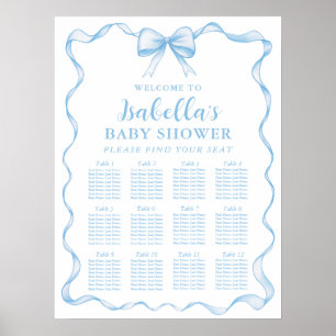 Dusty Blue Bow Boy Baby shower Zitplaatskaart Teke Poster