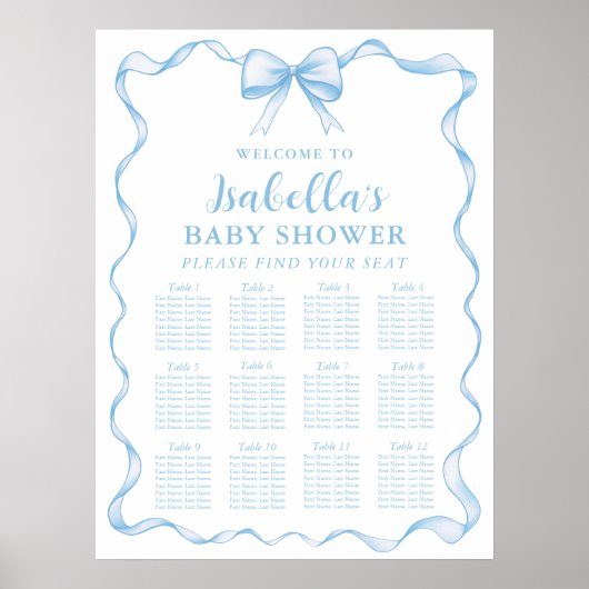 Dusty Blue Bow Boy Baby shower Zitplaatskaart Teke Poster (Voorkant)