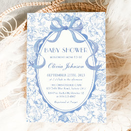 Dusty Blue Bow Chinoiserie Floral Baby shower Kaart