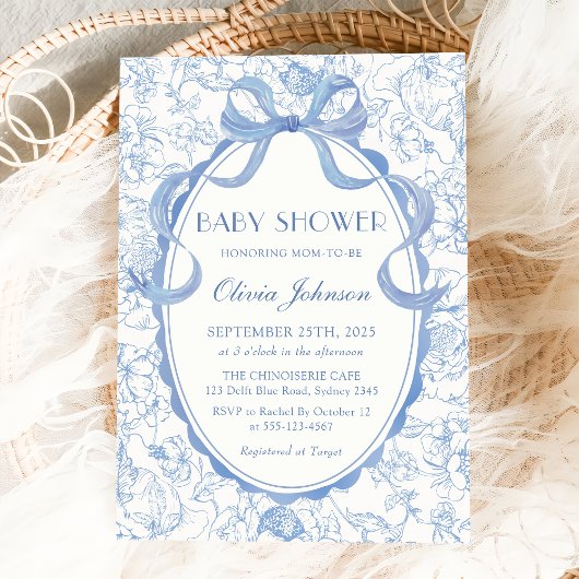 Dusty Blue Bow Chinoiserie Floral Baby shower Kaart