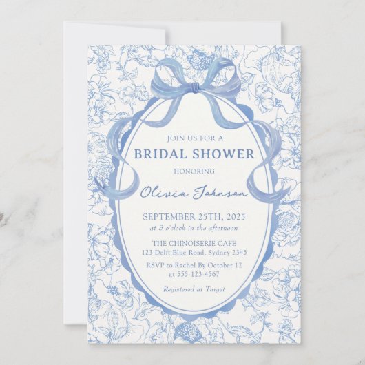 Dusty Blue Bow Chinoiserie Floral Vrijgezellenfees Kaart (Voorkant)