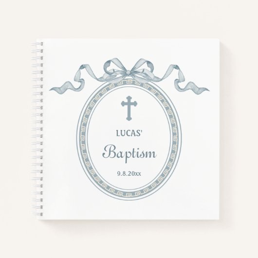 Dusty Blue Bow Grieks Lijst Doop Gastboek Notitieboek (Voorkant)