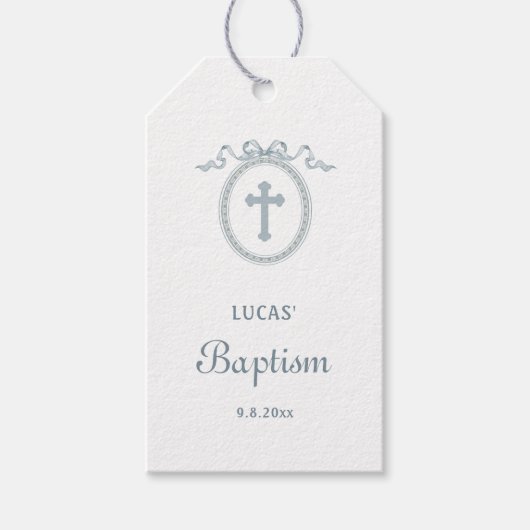 Dusty Blue Bow Grieks Lijst Doop Gift Labels Cadeaulabel (Voorkant)
