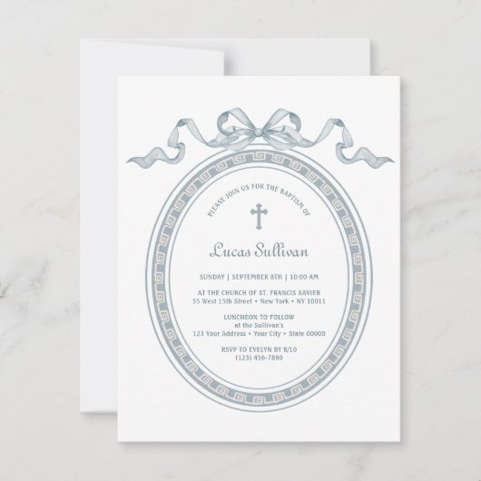 Dusty Blue Bow Grieks Lijst Doop Kaart (Voorkant)
