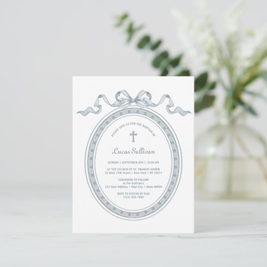 Dusty Blue Bow Grieks Lijst Doop Kaart (Staand voorkant)