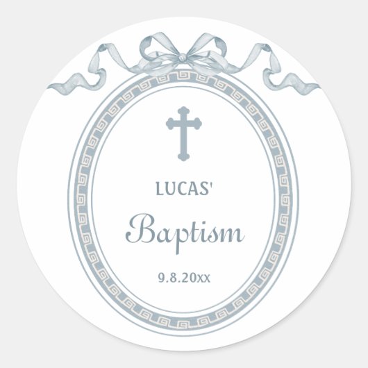 Dusty Blue Bow Grieks Lijst Doop Ronde Sticker (Voorkant)
