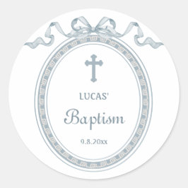 Dusty Blue Bow Grieks Lijst Doop Ronde Sticker