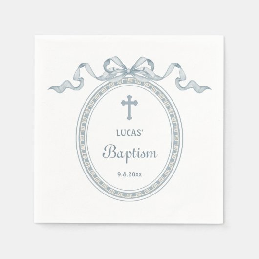 Dusty Blue Bow Grieks Lijst Doop Servet (Voorkant)