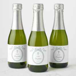 Dusty Blue Bow Grieks Lijst Doop Sparkling Wijnetiket