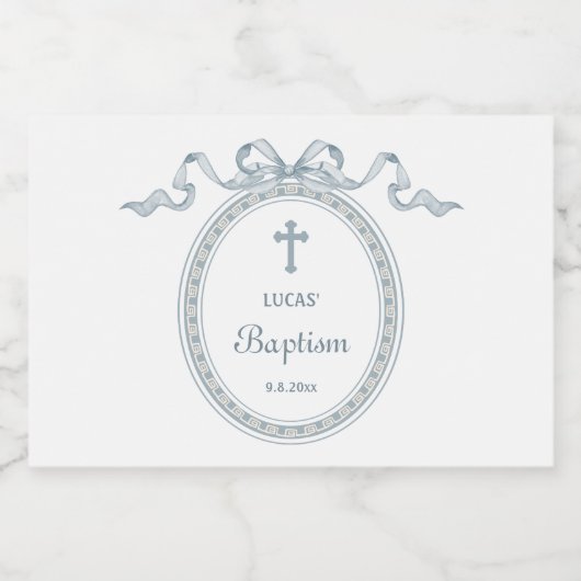 Dusty Blue Bow Grieks Lijst Doop Sparkling Wijnetiket (Enkel label)