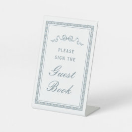 Dusty Blue Bow Grieks Lijst Gastboek Reclamebord Met Voetstuk