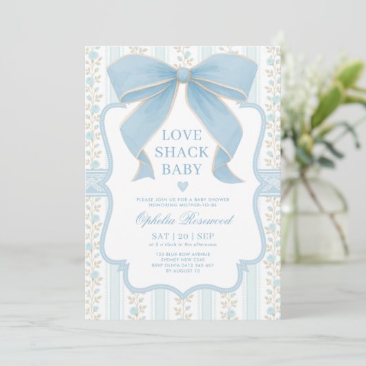 Dusty Blue Bow Love Shack Baby Boy Shower Kaart (Staand voorkant)