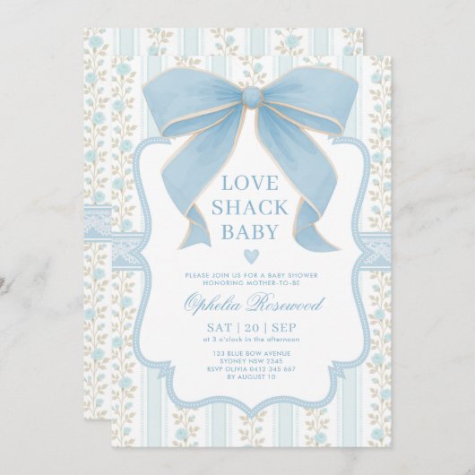 Dusty Blue Bow Love Shack Baby Boy Shower Kaart (Voorkant / Achterkant)