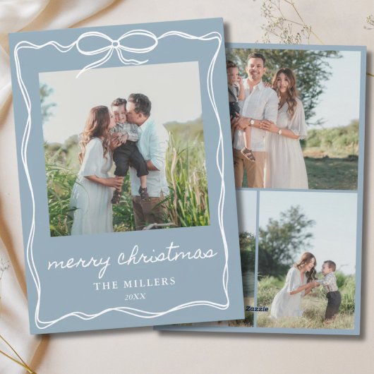Dusty Blue Bow Merry Christmas 4 Fotofamilie Feestdagenkaart