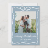 Dusty Blue Bow Merry Christmas 4 Fotofamilie Feestdagenkaart (Voorkant)