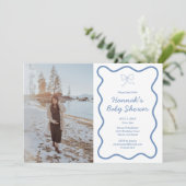 Dusty Blue Bow Ribbon Baby shower Fotouitnodiging Kaart (Staand voorkant)