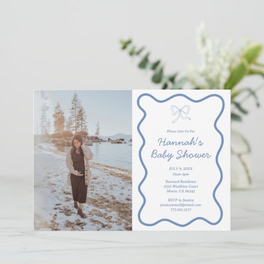Dusty Blue Bow Ribbon Baby shower Fotouitnodiging Kaart (Staand voorkant)