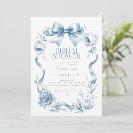 Dusty Blue Bow Ribbon Bloemen Vrijgezellenfeest Kaart (Staand voorkant)