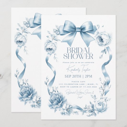 Dusty Blue Bow Ribbon Bloemen Vrijgezellenfeest Kaart (Voorkant / Achterkant)