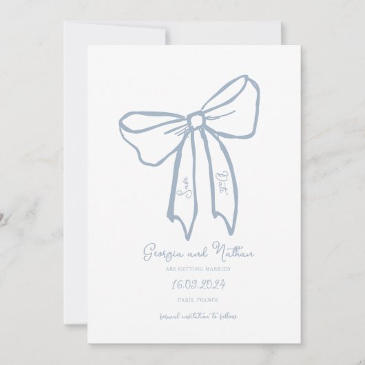 Dusty Blue Bow Save the Date Invitation Kaart (Voorkant)