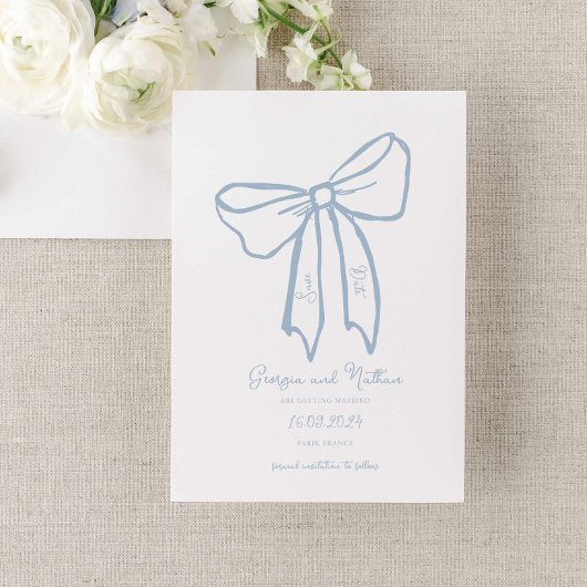 Dusty Blue Bow Save the Date Invitation Kaart