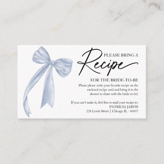 Dusty Blue Bow Vrijgezellenfeest Recept Aanvraag Informatiekaartje (Voorkant)