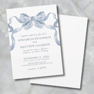 Dusty Blue Bow Whimsical Elegant Wedding Invitatio Kaart