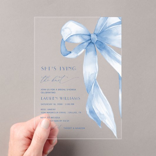 Dusty Blue Bow Ze bindt de knoop Vrijgezellenfeest Acryl Uitnodigingen (Insitu (Draagbaar))