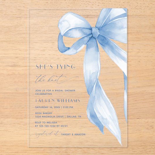 Dusty Blue Bow Ze bindt de knoop Vrijgezellenfeest Acryl Uitnodigingen (Voorkant)