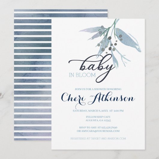 Dusty Blue Boy Baby in bloesemdouche Kaart (Voorkant / Achterkant)