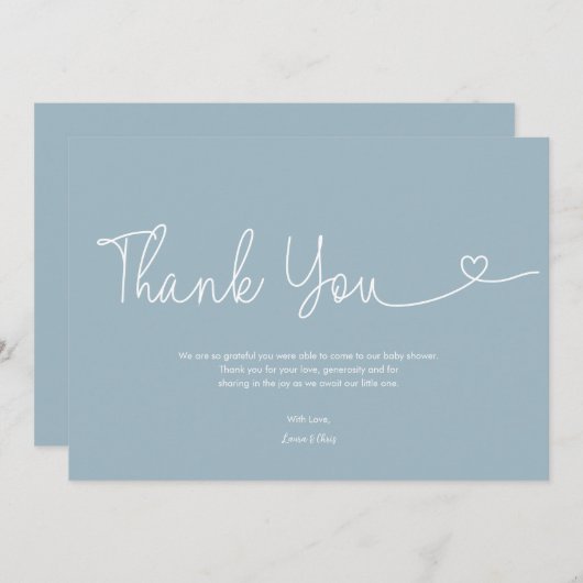 Dusty Blue Boy Baby shower Script Heart Bedankkaart (Voorkant / Achterkant)