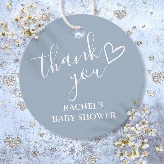 Dusty Blue Boy Baby shower Script Heart Bedankt Bedankjes Labels