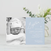 Dusty Blue Boy Baptism Fotouitnodiging Kaart (Staand voorkant)