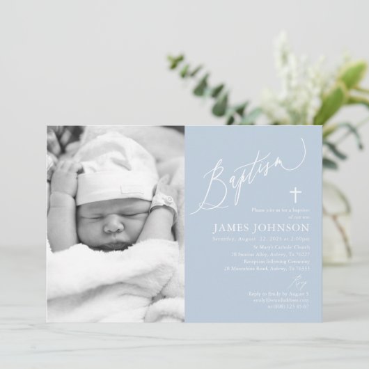 Dusty Blue Boy Baptism Fotouitnodiging Kaart (Staand voorkant)