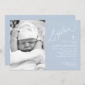 Dusty Blue Boy Baptism Fotouitnodiging Kaart (Voorkant / Achterkant)