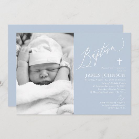 Dusty Blue Boy Baptism Fotouitnodiging Kaart (Voorkant / Achterkant)