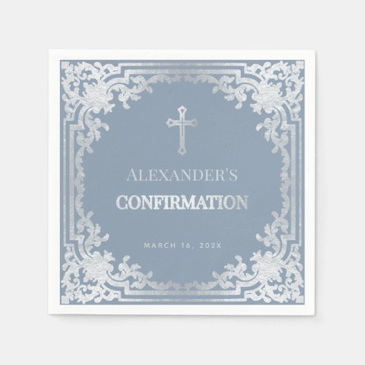 Dusty Blue Boy Bevestiging Elegant Faux Silver Servet (Voorkant)